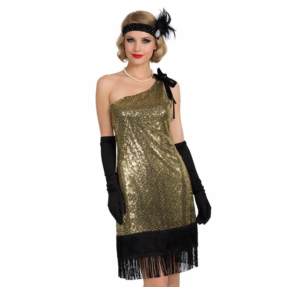Gold‎ Sequin One Shoulder Fringe Flapper Dress